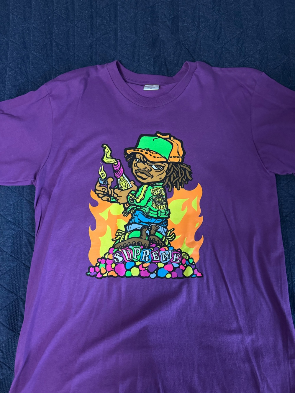 Supreme Purple Graphic Tee with Multicolor Cartoon Print